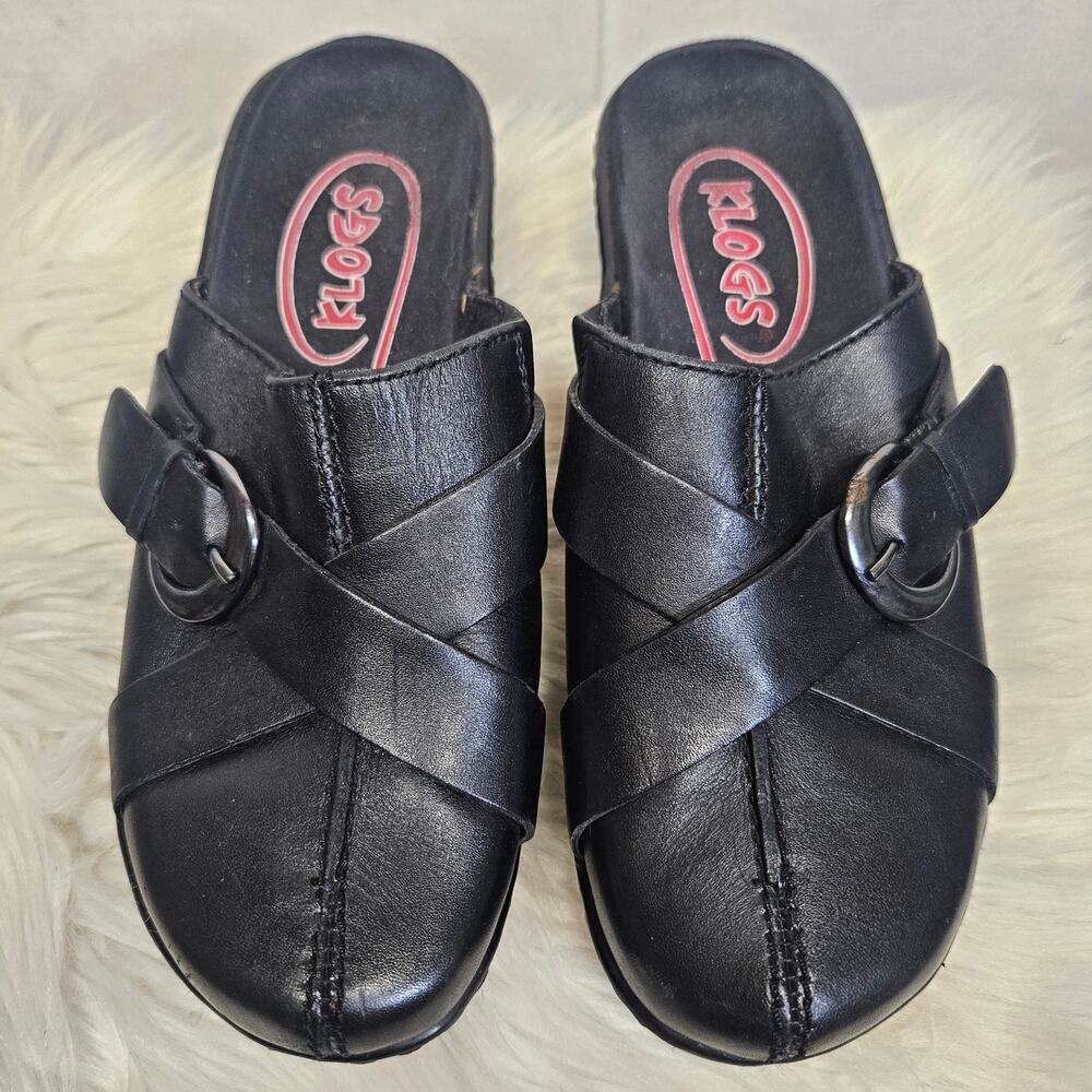 Klogs Womens Black Leather Slip On Clogs Mules Buckle Crossover Support Shoes